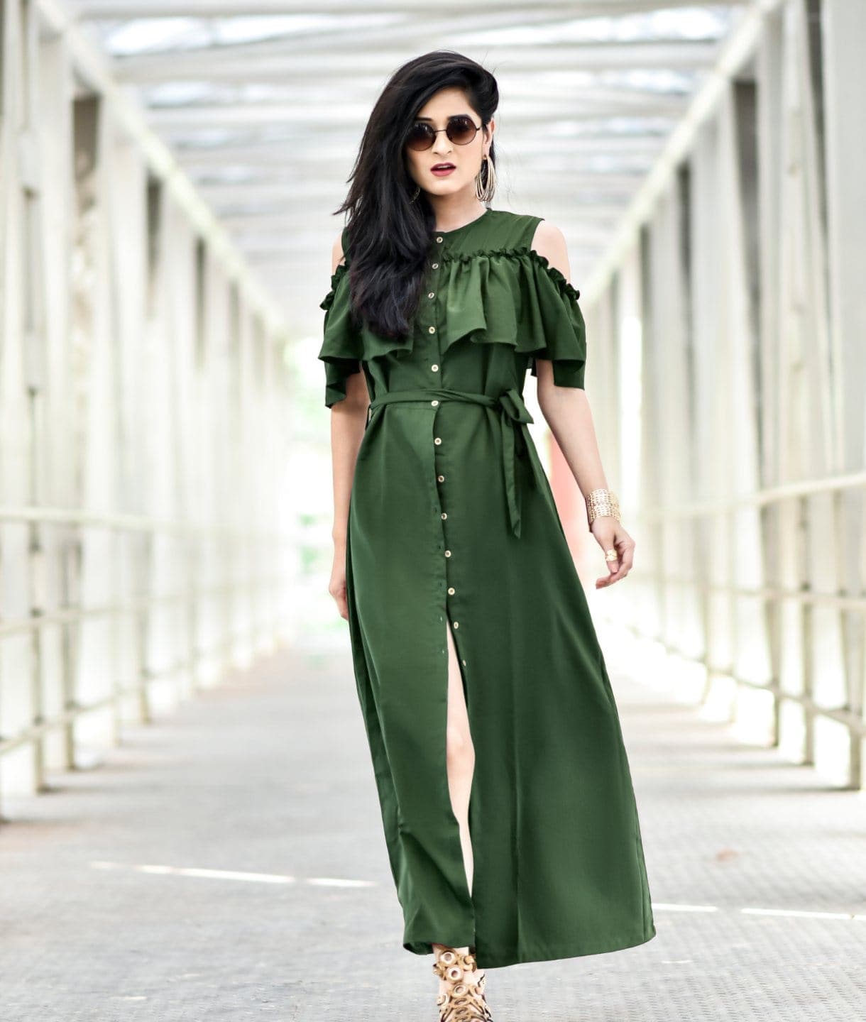 Ruffled Buttoned Cold Shoulder Maxi Dress - Pinkkup