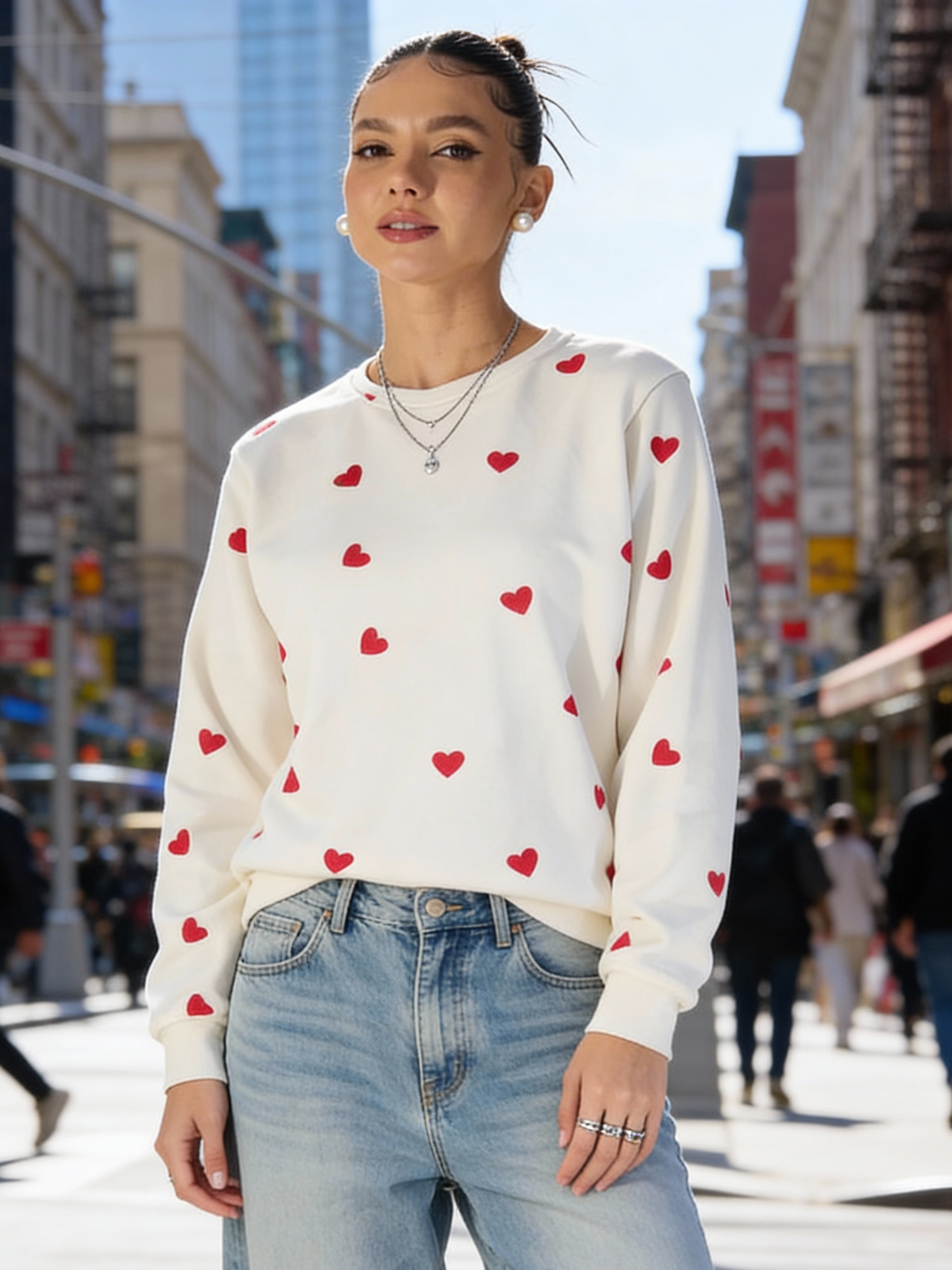 Heart Printed Cotton Sweatshirt - Pinkkup