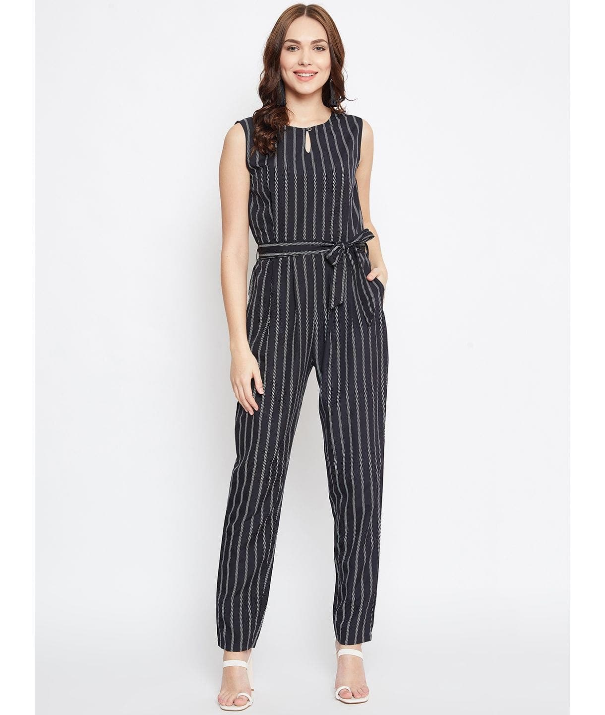 Striped Keyhole Jumpsuit with Belt