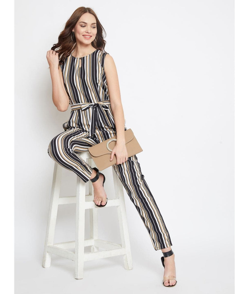 Striped Keyhole Jumpsuit with Belt