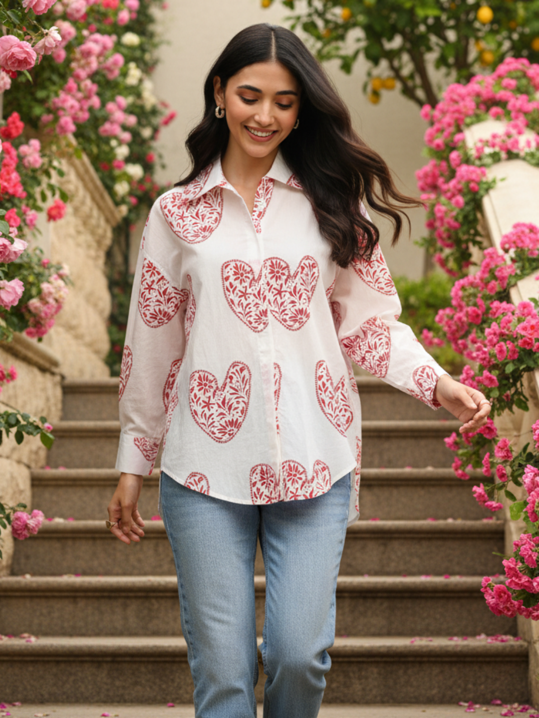 Printed Asymmetrical Cotton Shirt - Pinkkup