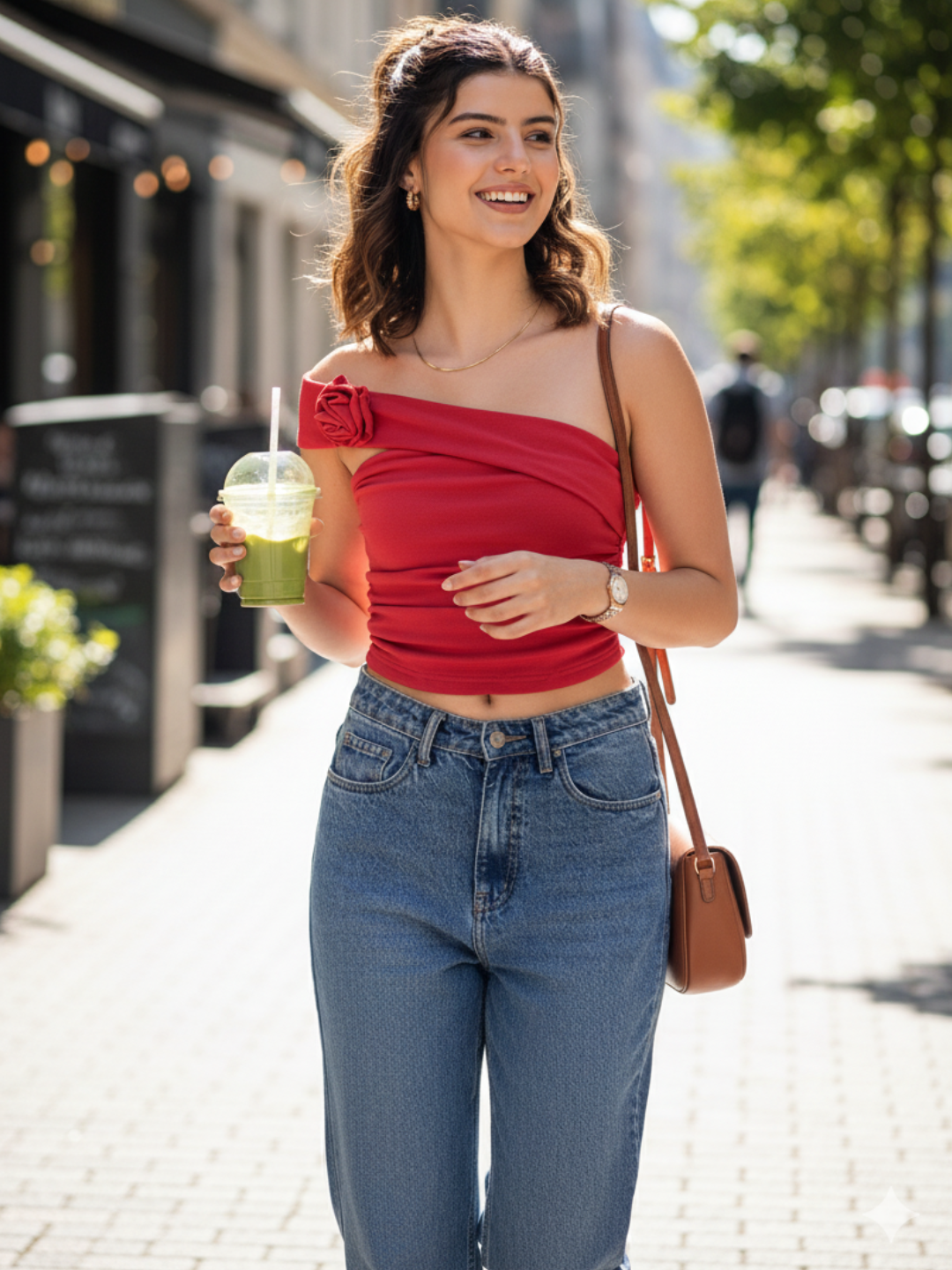 Stretchable One Shoulder Rose Top - Pinkkup