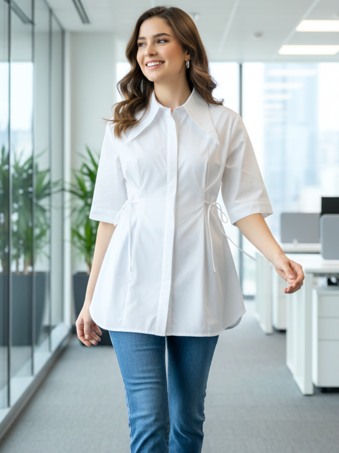 Pure Cotton Cinched Waist Collared Shirt - Pinkkup