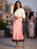 Lace Satin Midi Skirt - Pinkkup