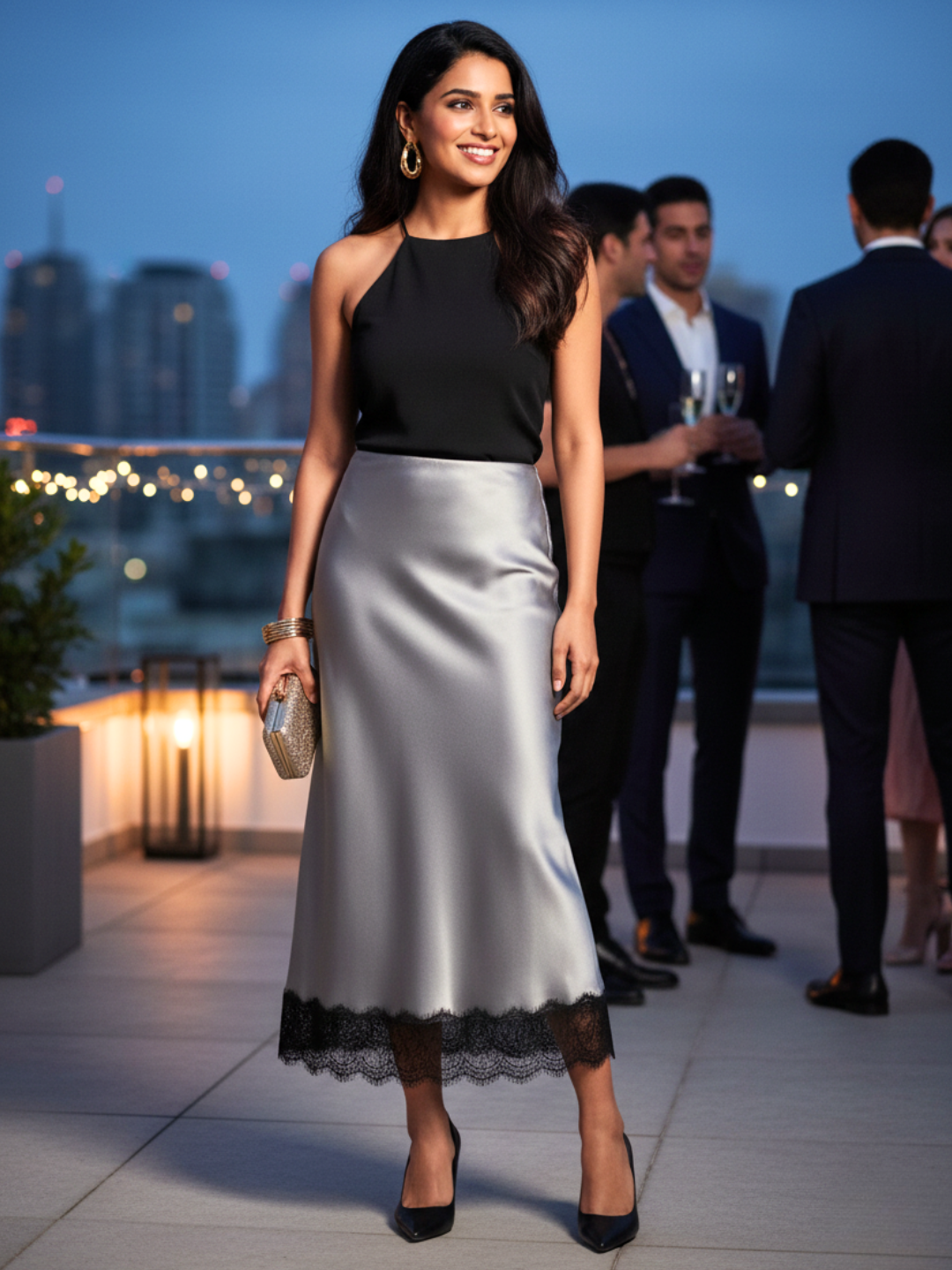 Lace Satin Midi Skirt - Pinkkup