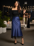 Lace Satin Midi Skirt - Pinkkup