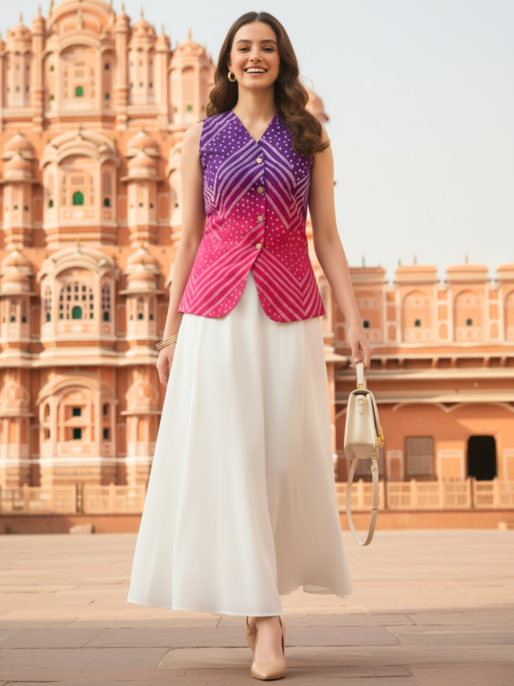 Pure Linen Printed Waistcoat - Pinkkup