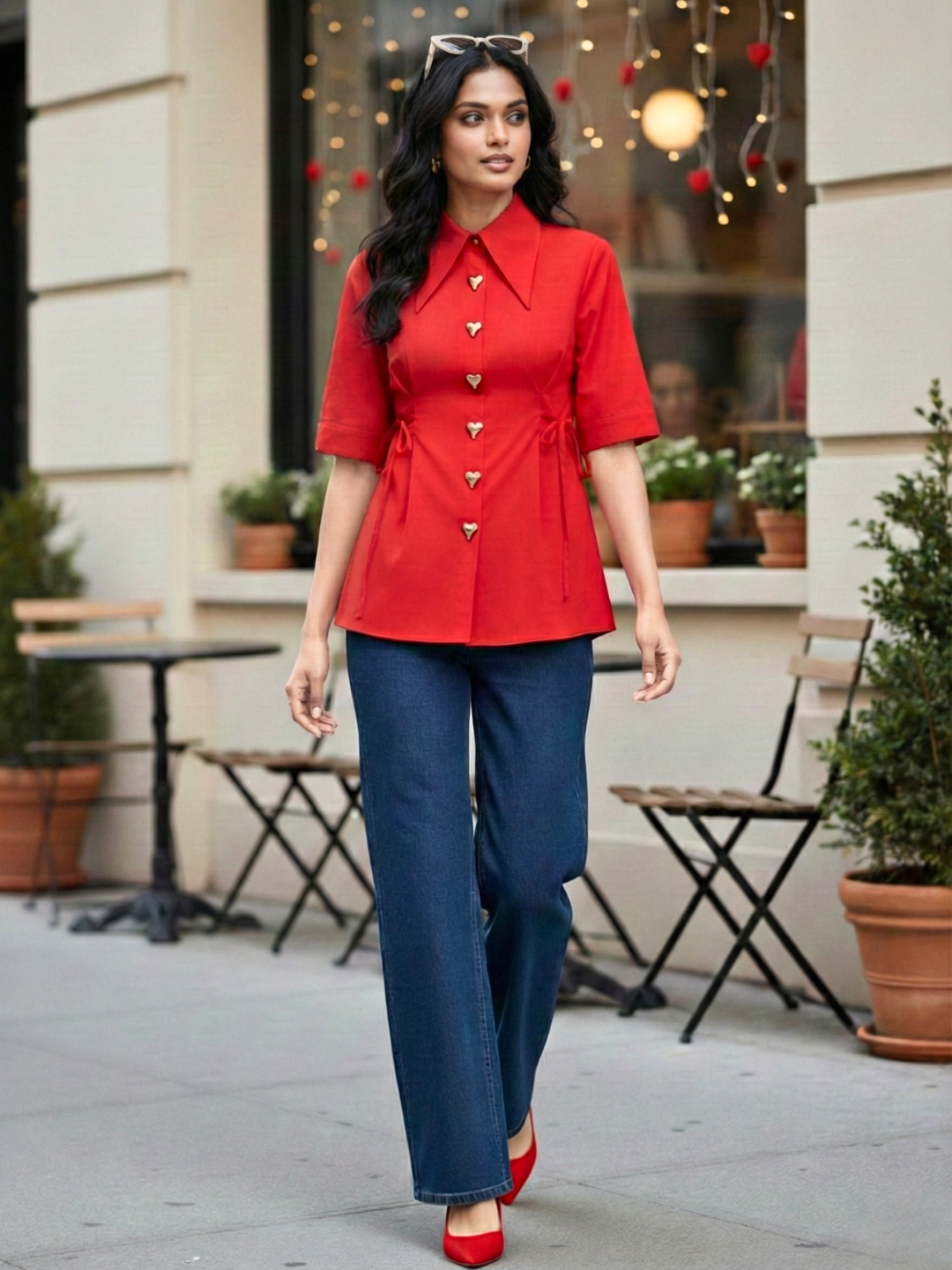 Pure Cotton Heart Button Shirt - Pinkkup