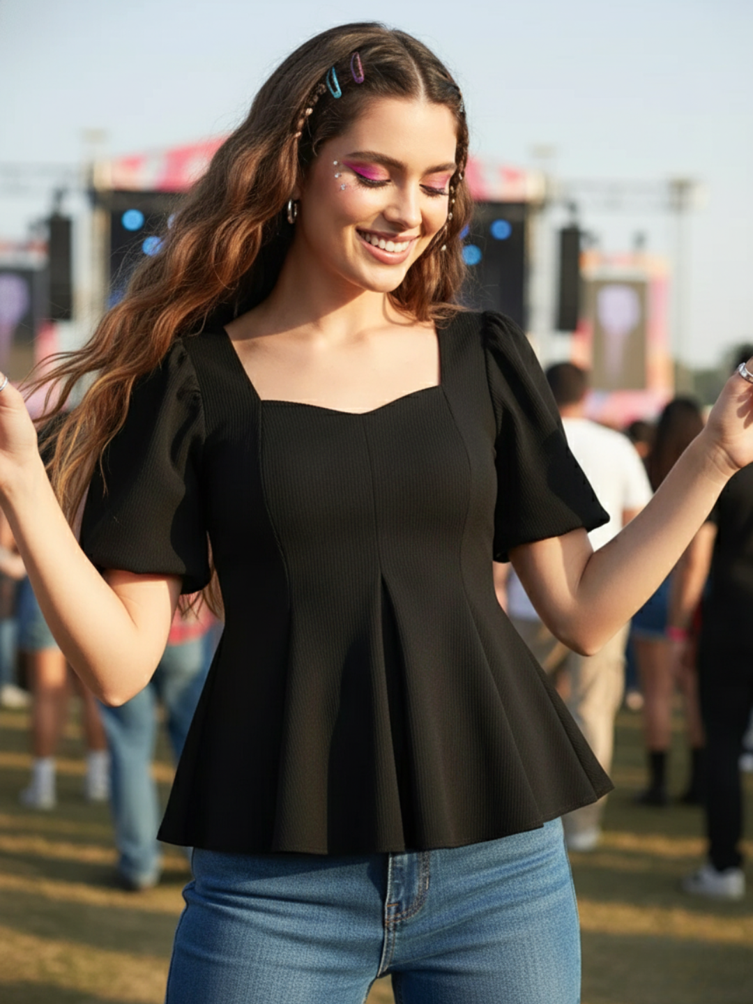 Stretchable Puff Sleeves Peplum Top - Pinkkup