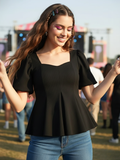 Stretchable Puff Sleeves Peplum Top - Pinkkup