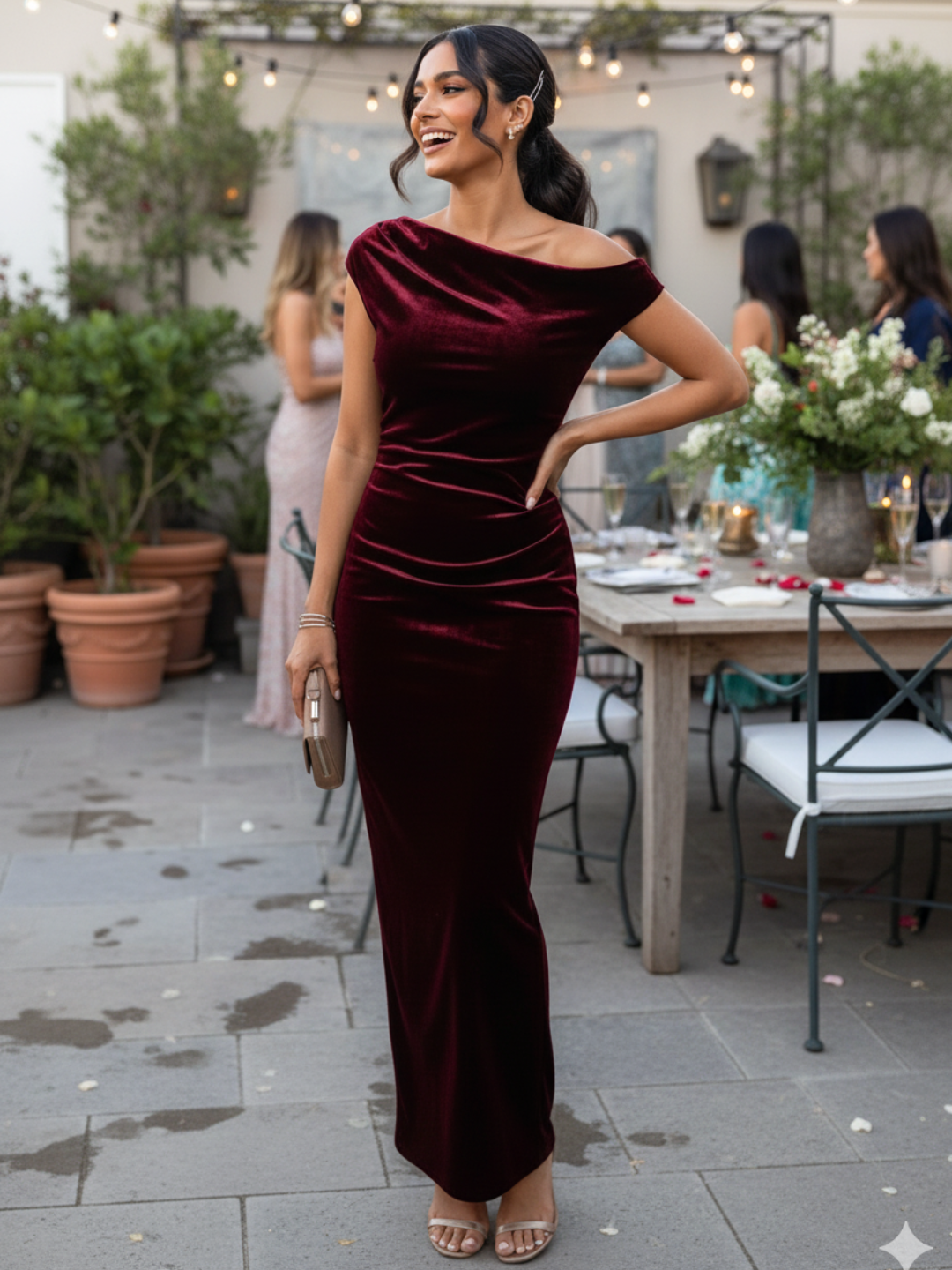 Stretchable Velvet Off Shoulder Drape Dress - Pinkkup