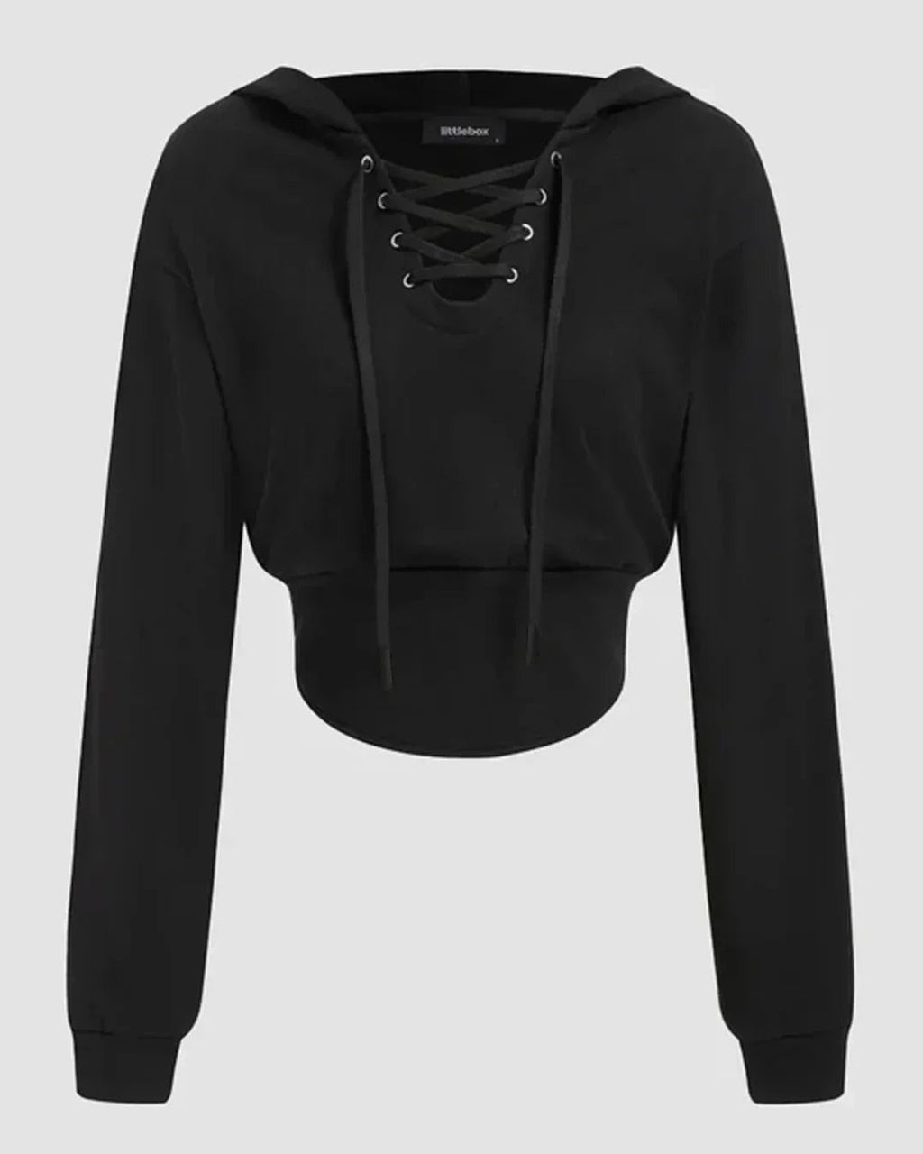 Black Lace-Up Front Cropped Hoodie